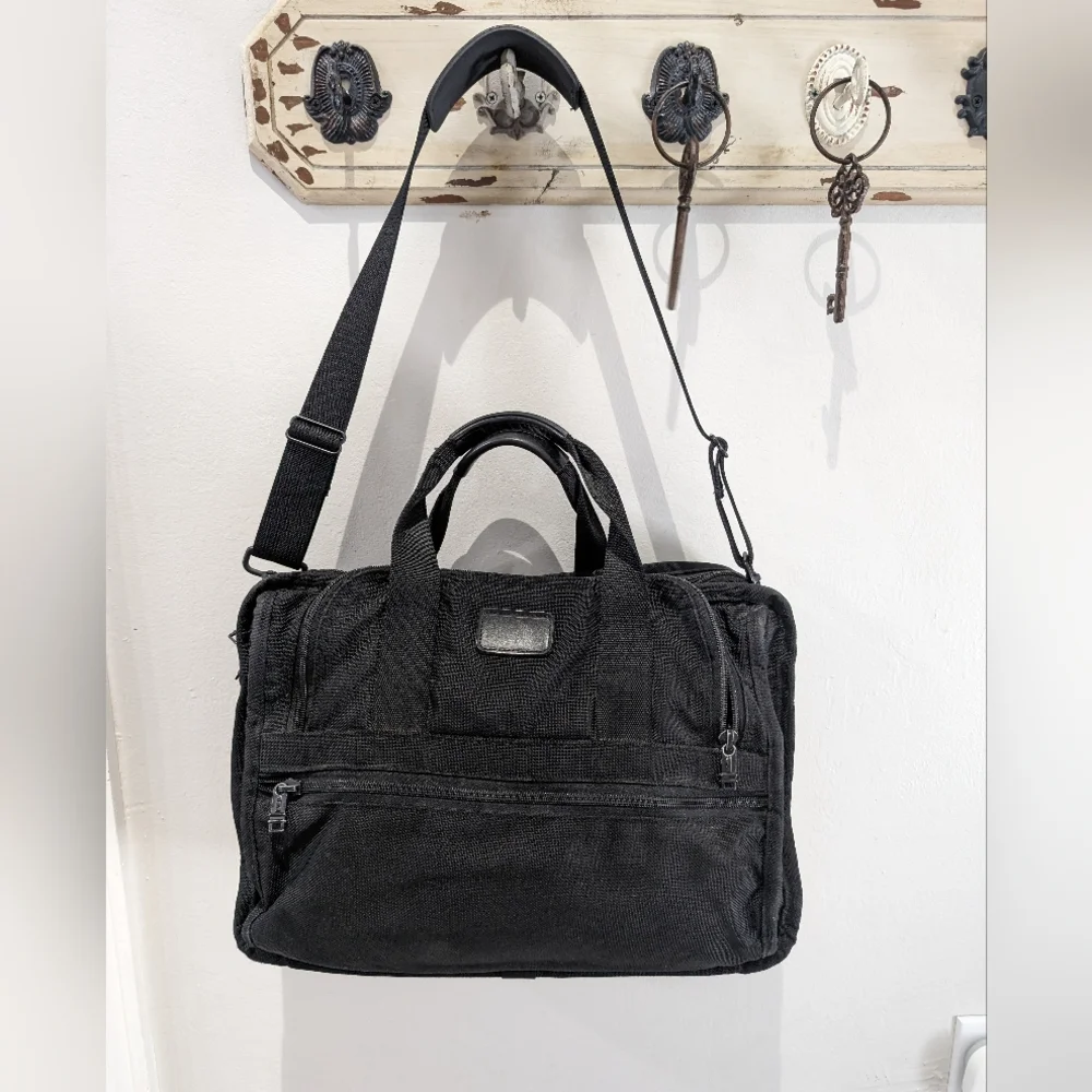 TUMI Alpha Expandable Black Monogram Briefcase/Laptop Bag W/ Aftermarket Strap!